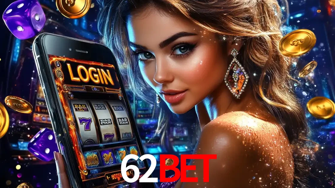 Mulher glamorosa segurando um smartphone com a tela de login para os jogos de caça-níqueis do cassino online 62BET, com moedas de ouro e dados ao redor.