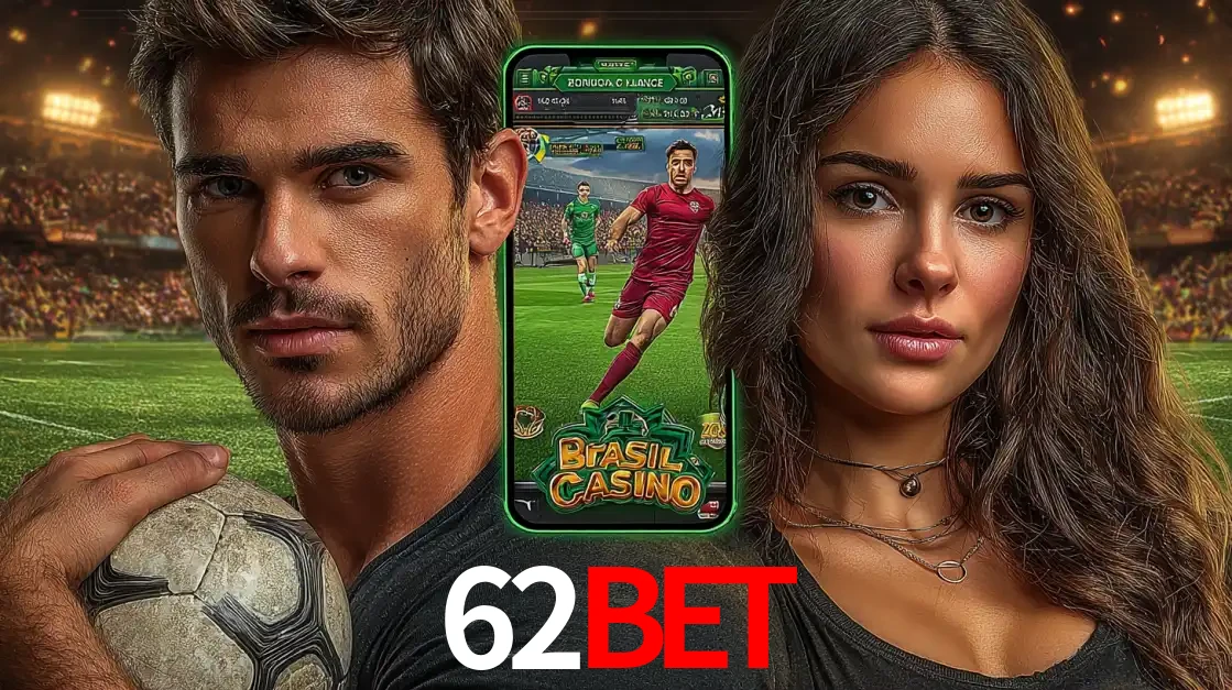 Homem segurando uma bola de futebol e uma mulher ao lado de um smartphone exibindo o jogo de apostas esportivas da 62BET. Faça seu palpite no cassino online.
